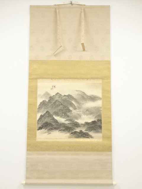 JAPANESE HANGING SCROLL / HAND PAINTED / MOUNTAINOUS LANDSCAPE 